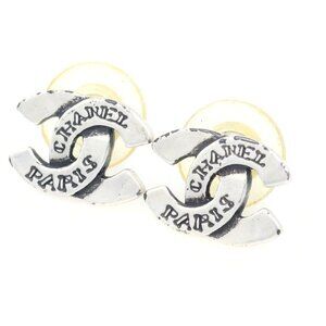Chanel CC Logo Paris Earrings Silver Metal